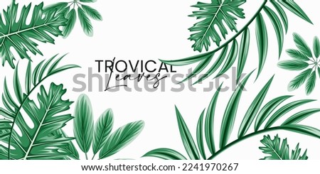 Vector horizontal tropical leaves banners on white background. Exotic botanical design for cosmetics, spa, perfume, health care products, aroma, wedding invitation.
