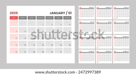 Monthly calendar template for 2025 year. Editable text calendar 2025. Wall calendar in a minimalist style. Week Starts on Sunday. Planner for 2025 year.