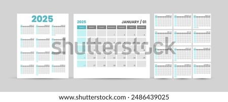 2025 Calendar. 12 Pages for 2025 Monthly Calendar Template and one page wall calendar template. Clean and Simple Design ready to print. 2025 Wall and office desk Planner Calendar.