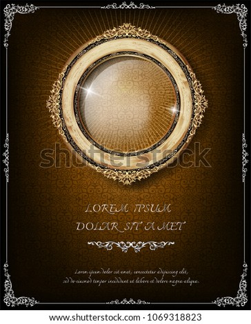 Beautiful Wood oval frame placed on brown background.With universal text frame. Thailand Royal gold photo frame on wooden pattern vector design template.