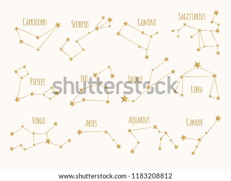 Set of golden constellations. Vector zodiac signs.