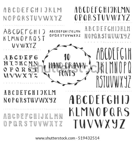 Set of 10 hand drawn fonts. Script letters for design. Vector. Isolated.