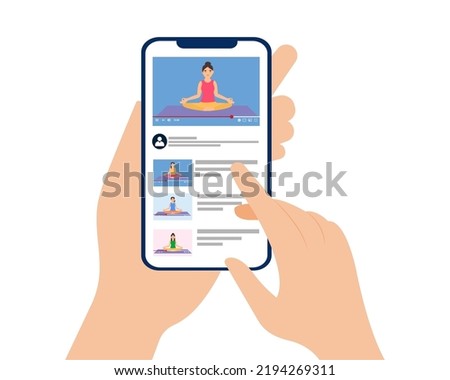 Hand holding mobile phone and watching yoga video. online yoga class. online education. vector illustration.