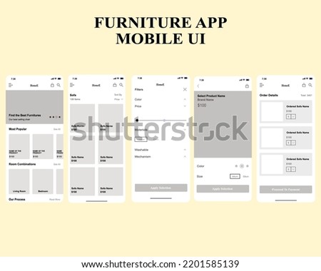 Furniture checkout shopping UI mobile app template kit for mobile app. vector illustration.