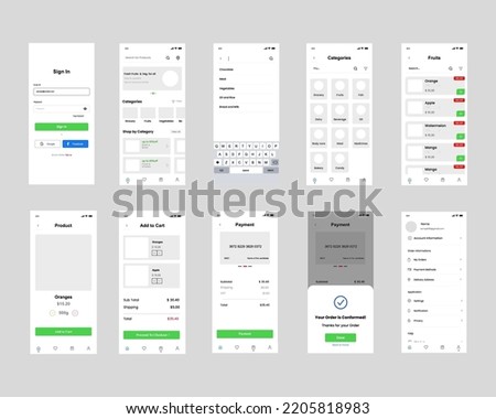 Online Grocery app screens set for mobile app template UI UX GUI user interface kit. online supermarket.