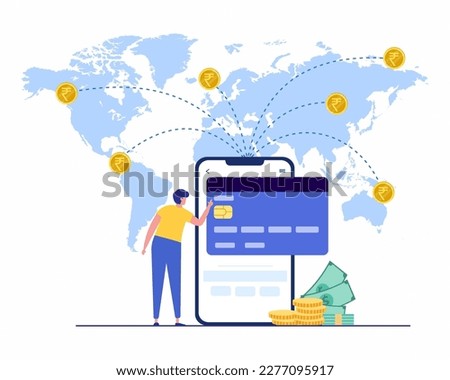A men makes an international money transfer, Sending Money Around the World, Online Banking, Concept of Money Transfer Mobile App.