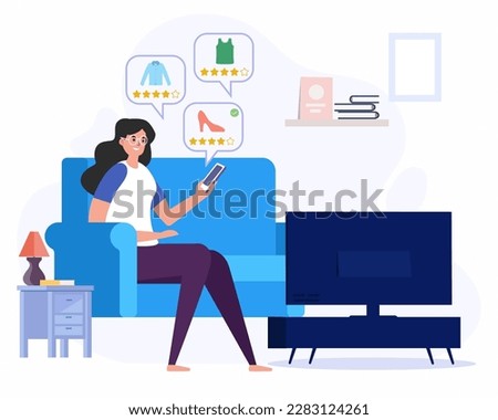 Young woman sitting on the sofa and ordering products to avoid queues, concept of online fast shopping without queue.
