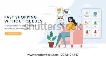 Woman sitting with laptop on couch, Online fast shopping without queues, perfect for web design, banner, mobile app, landing page.