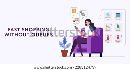 Young woman sitting on the sofa and ordering products to avoid queues, concept of online fast shopping without queues, perfect for web design, banner, mobile app, landing page