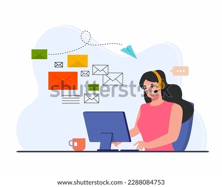 business women sit on computer laptop and check emails or send. Newsletter in mailbox. E-mail marketing.
