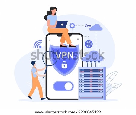 tiny people sitting and standing near phone and using VPN to protect his personal data in smartphone, Virtual Private Network, Secure network connection and privacy protection.
