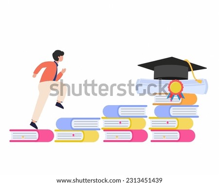 young student climbing the books ladder to reach the degree and wearing university graduation hat.