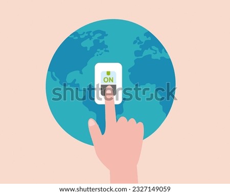 Hands turning off the light with world globe background. Earth hour switch off lights.