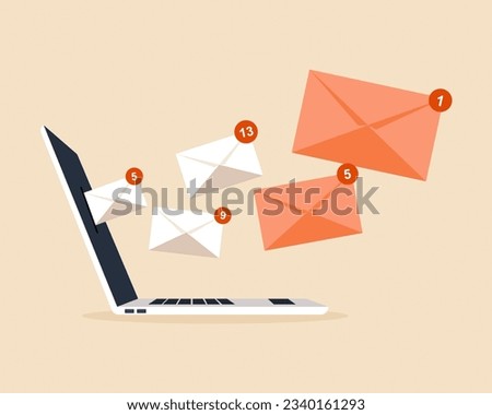 laptop with multiple emails notifications, online messages popup Sending or receiving email concept