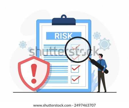 Businessman holding magnifying glass to analyze business risk report Risk Management	
