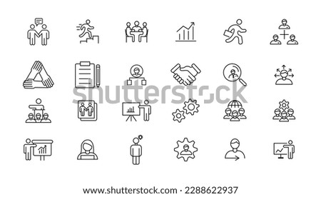 Teamwork line icons set. Businessman outline icons collection. Work group and human resources. Business teamwork, human resources, meeting, partnership, meeting, work group, success - stock vector.