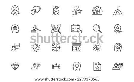 Set of icons core values.Vector images with editable stroke. Includes such qualities as performance, passion, diversity, exceptional, innovative, accountability, will to win, empathy, open-minded.
