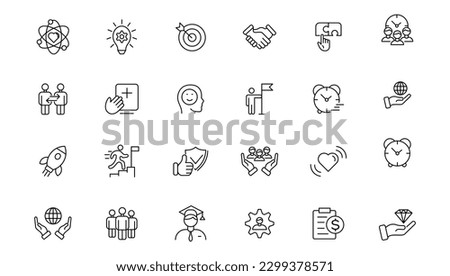 Set of icons core values.Vector images with editable stroke. Includes such qualities as performance, passion, diversity, exceptional, innovative, accountability, will to win, empathy, open-minded.
