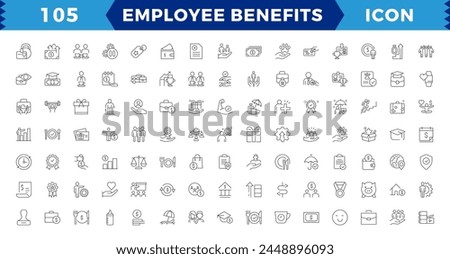 EMPLOYEE BENEFITS LINE ICON SET, Pay raise, maternity rest, health and life insurance, paid vacation, social security icons and more signs. Flat icon collection.
