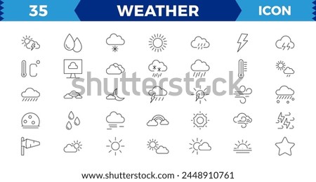 Weather icons. Weather forecast icon set. Clouds logo. Weather , clouds, sunny day, moon, snowflakes,Sun, rain, thunder storm, dew, wind, sun day. Vector illustration
