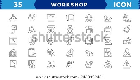 Workshop web icon set. Containing team building, collaboration, teamwork, coaching partnership, goals, problem-solving and education,Workshop outline icons with Includes Presentation, Managing, 