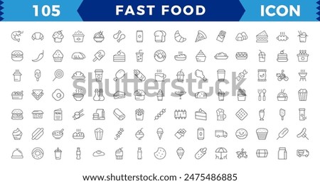 Fast food flat line icons set. Burger, combo lunch, french fries, Burger, donut, french fries, hot dog, kabab, pizza, ice cream, pizza vector illustrations. Editable Strokes,Pixel Perfect icon
