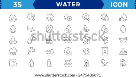 water linear icon collection real estate.Set of outline water icons. Minimalist thin linear web icon set.  Drop Water, Mineral Water, Low and High Tide,  Plastic Bottle and Glass. Editable stroke.
