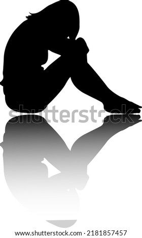 Silhouette Vector illustration of a depression of a Homeless  young female girl crouching in very Sad feeling face. sitting alone crying and thinking about her life on white background picture Concept