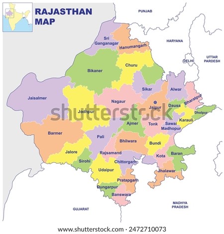 Detailed vector Illustration of Rajasthan  map District map with neighbour