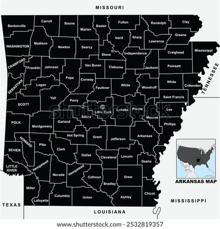 Detailed Silhouette vector Illustration of Arkansas map State and District map with neighbour geographical map of Arkansas map