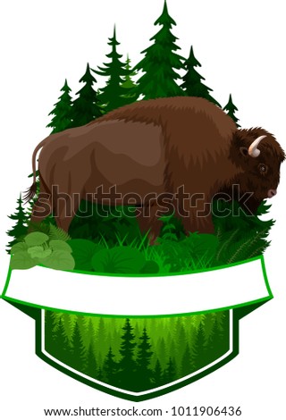 vector woodland emblem with brown zubr buffalo bison