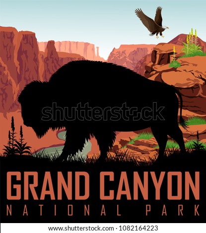 Vector Colorado river in Grand Canyon National Park with buffalo bison and bald eagle