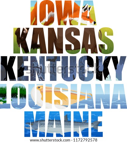 vector set of American states word with animals - Iowa, Kansas, Kentucky, Louisiana, Maine