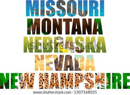 vector set of American states word with animals - Missouri, Montana, Nebraska, Nevada, New Hempshire