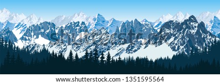 vector karakoram himalayan mountains 
 with forest panorama