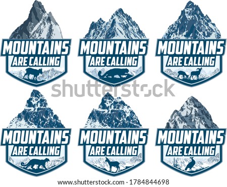 The Mountains Are Calling. vector Outdoor Adventure Inspiring Motivation Emblem logo illustration with himalayan monal, snow leopard, Rocky Mountains goat, himalayan goats, puma cougar and chamois