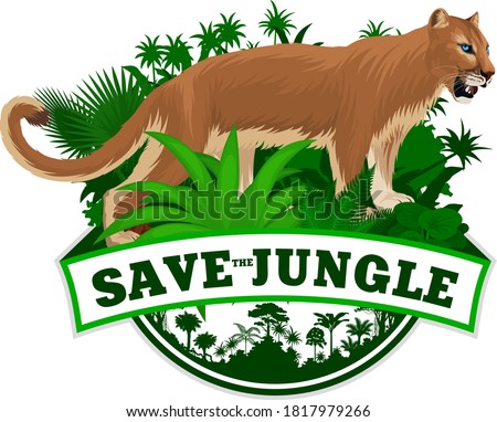 vector jungle rainforest emblem with Puma. Cougar, mountain lion 