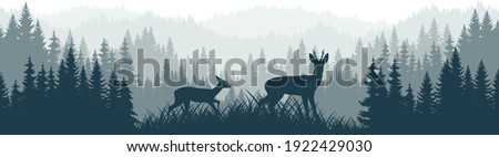 vector mountains forest woodland background texture seamless pattern with Roe deers