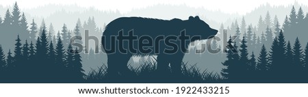 vector mountains forest woodland background texture seamless pattern with brown grizzly bear
