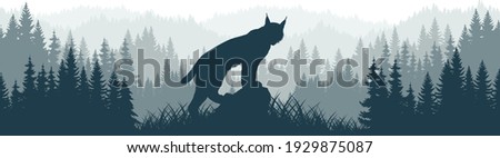 vector mountains forest woodland background texture seamless pattern with wild bobcat lynx