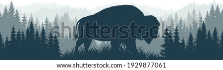 vector mountains forest woodland background texture seamless pattern with zubr buffalo bison 