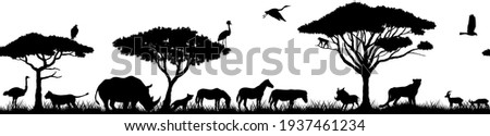 Vector horizontal seamless tropical african savannah with lions, zebra, vulture, heron, hyena, common warthog, rhinoceros, cheetah, gazelle, monkey, ostrich and crowned crane