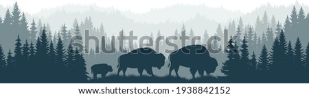vector mountains forest woodland background texture seamless pattern with family of brown zubr buffalo bisons with kid