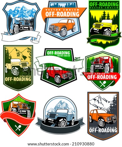 set of vector emblems with 4x4 vehicle off-road car and mountains forest