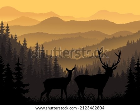 vector mountains with silhouettes of deers