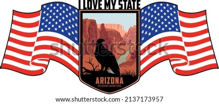 Washington vector label with bald eagle in Grand Canyon and flag of the United States