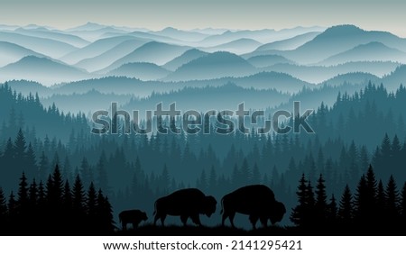 vector morning in mountains with family of brown zubr buffalo bisons with kid
