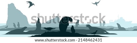 vector seamless antarctica with animals: Magellanic,  Chinstrap, Macaroni, Emperor and King penguins, seal, albatross, sea lion, leopard seal, ross seal, antarctic tern, skua, seagull, fulmar.