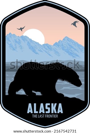 Alaska vector label with polar bear, seal and seagulls