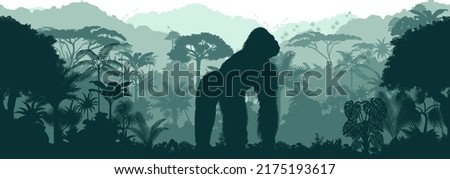 Vector horizontal seamless tropical rainforest Jungle background with male gorilla